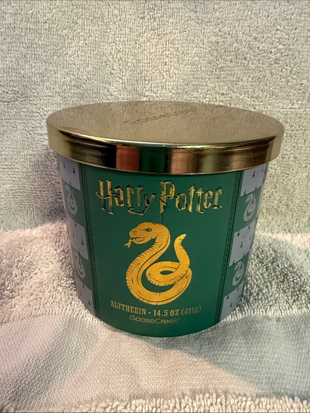 Warner Bros. Slytherin Green Candle with Gold Lid and Serpent Crest